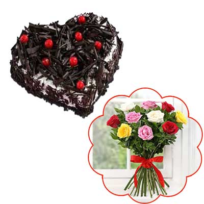 "Heart shape chocolate cake -1kg, 10 Mixed Roses Bunch - Click here to View more details about this Product